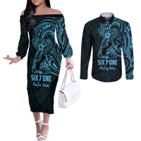Blue Guam Latte Stone Tribal Tattoo Couples Matching Off The Shoulder Long Sleeve Dress and Long Sleeve Button Shirt Hafa Adai Six 7 One