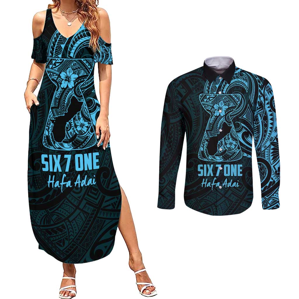 Blue Guam Latte Stone Tribal Tattoo Couples Matching Summer Maxi Dress and Long Sleeve Button Shirt Hafa Adai Six 7 One