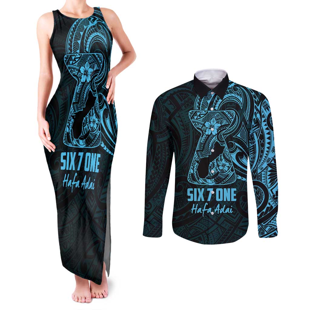 Blue Guam Latte Stone Tribal Tattoo Couples Matching Tank Maxi Dress and Long Sleeve Button Shirt Hafa Adai Six 7 One