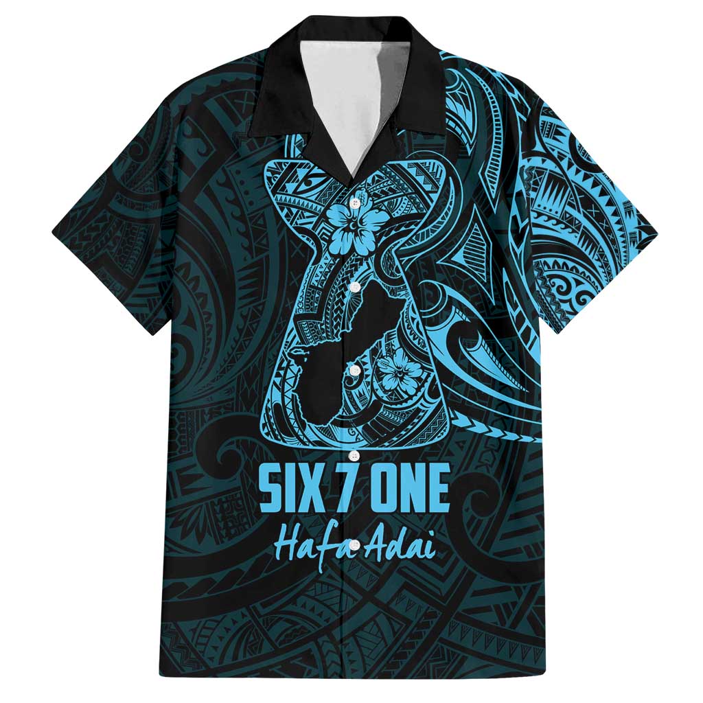 Blue Guam Latte Stone Tribal Tattoo Family Matching Long Sleeve Bodycon Dress and Hawaiian Shirt Hafa Adai Six 7 One