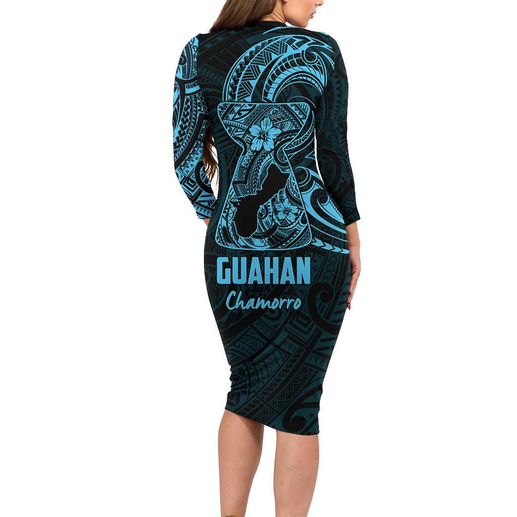 Blue Guam Latte Stone Tribal Tattoo Family Matching Long Sleeve Bodycon Dress and Hawaiian Shirt Hafa Adai Six 7 One