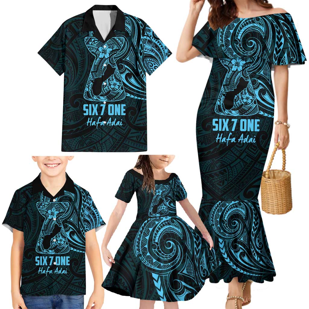 Blue Guam Latte Stone Tribal Tattoo Family Matching Mermaid Dress and Hawaiian Shirt Hafa Adai Six 7 One