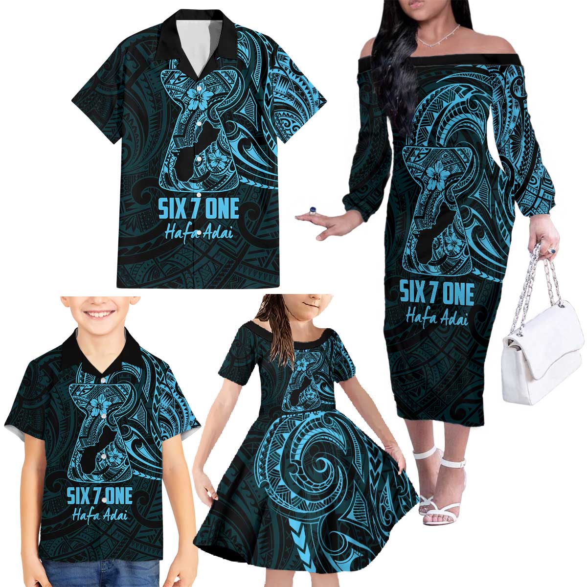 Blue Guam Latte Stone Tribal Tattoo Family Matching Off The Shoulder Long Sleeve Dress and Hawaiian Shirt Hafa Adai Six 7 One