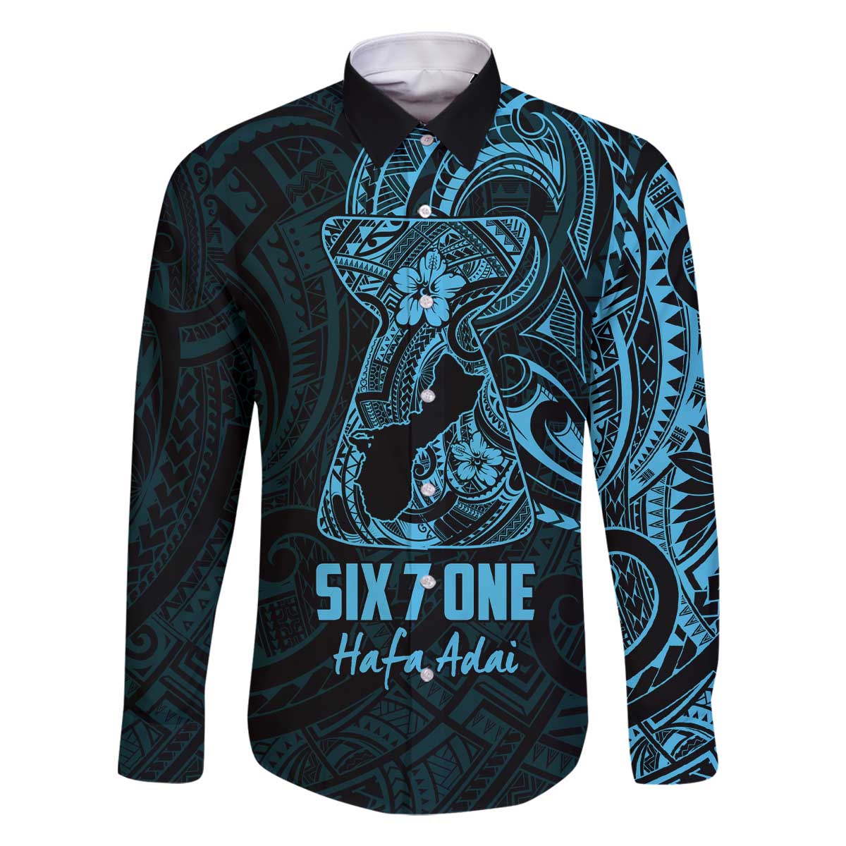 Blue Guam Latte Stone Tribal Tattoo Family Matching Off The Shoulder Long Sleeve Dress and Hawaiian Shirt Hafa Adai Six 7 One