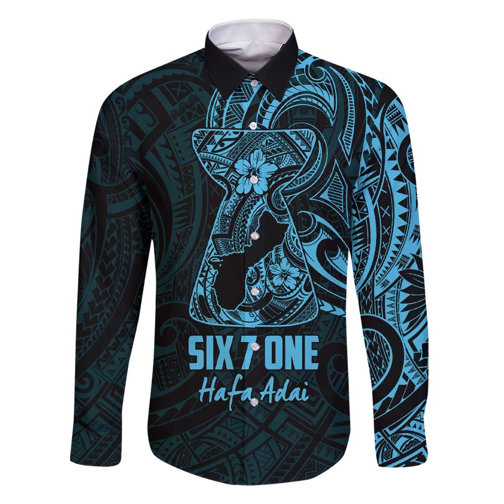 Blue Guam Latte Stone Tribal Tattoo Family Matching Short Sleeve Bodycon Dress and Hawaiian Shirt Hafa Adai Six 7 One