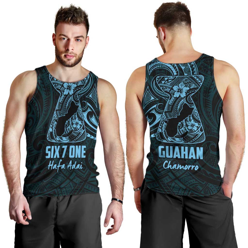 Blue Guam Latte Stone Tribal Tattoo Men Tank Top Hafa Adai Six 7 One