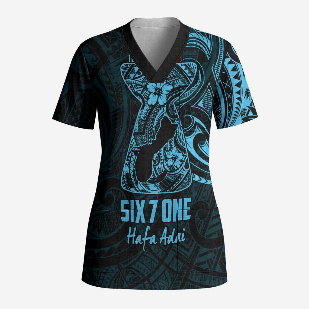 Blue Guam Latte Stone Tribal Tattoo Scrub Top Hafa Adai Six 7 One - Polynesian Pride