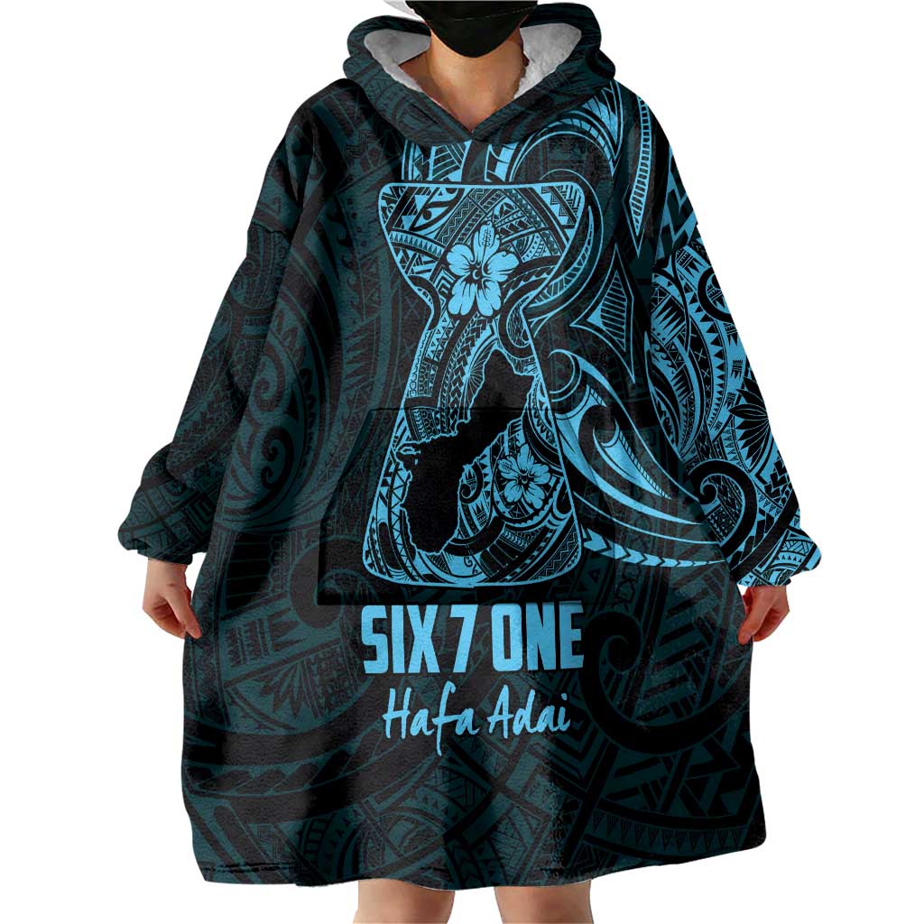 Blue Guam Latte Stone Tribal Tattoo Wearable Blanket Hoodie Hafa Adai Six 7 One