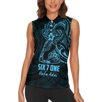 Blue Guam Latte Stone Tribal Tattoo Women Sleeveless Polo Shirt Hafa Adai Six 7 One