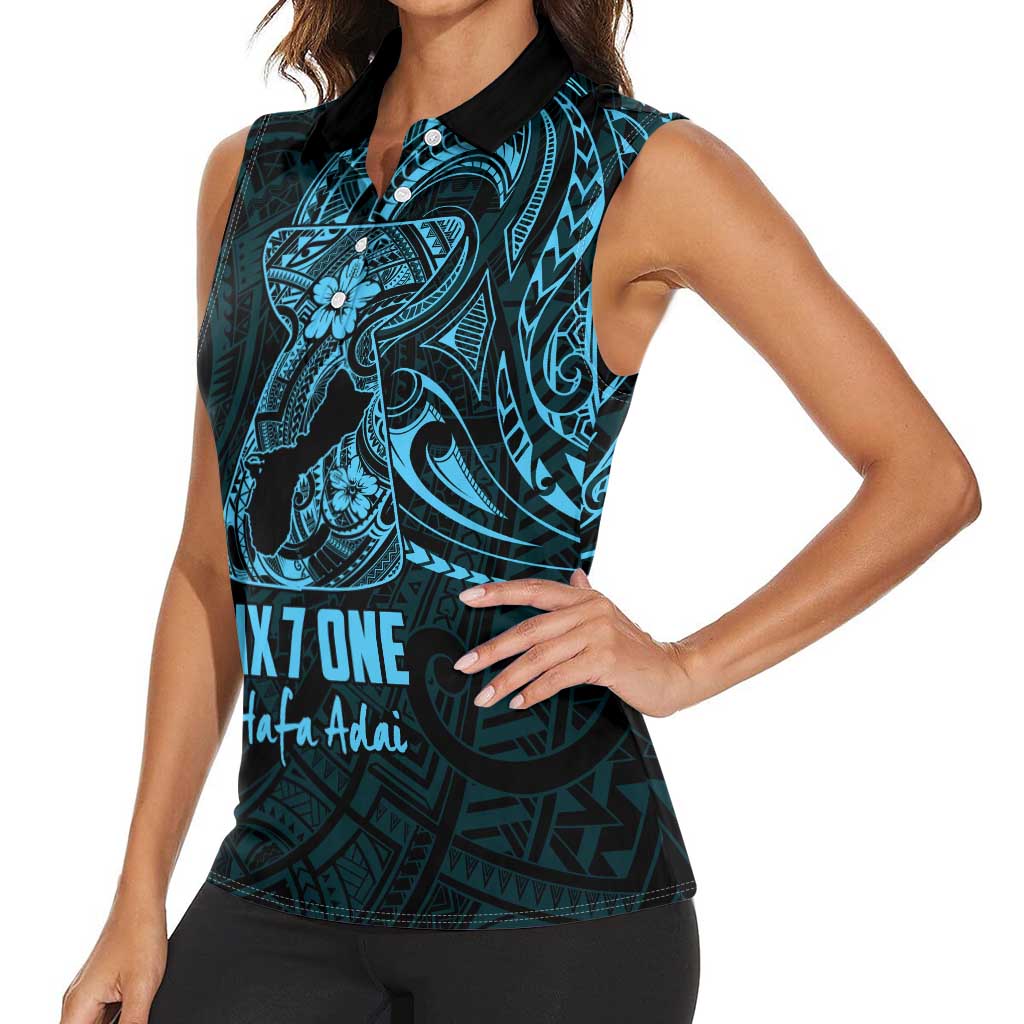 Blue Guam Latte Stone Tribal Tattoo Women Sleeveless Polo Shirt Hafa Adai Six 7 One
