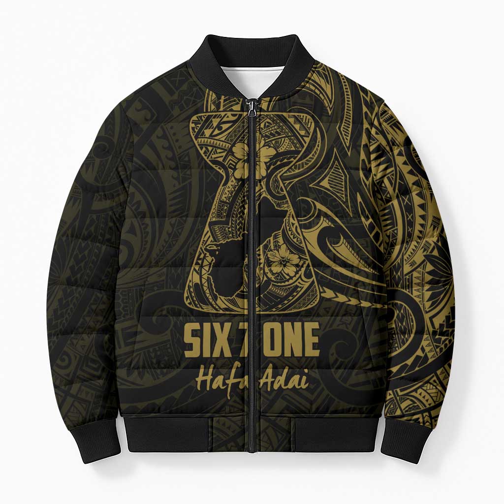 Gold Guam Latte Stone Tribal Tattoo Bomber Puffer Jacket Hafa Adai Six 7 One - Polynesian Pride