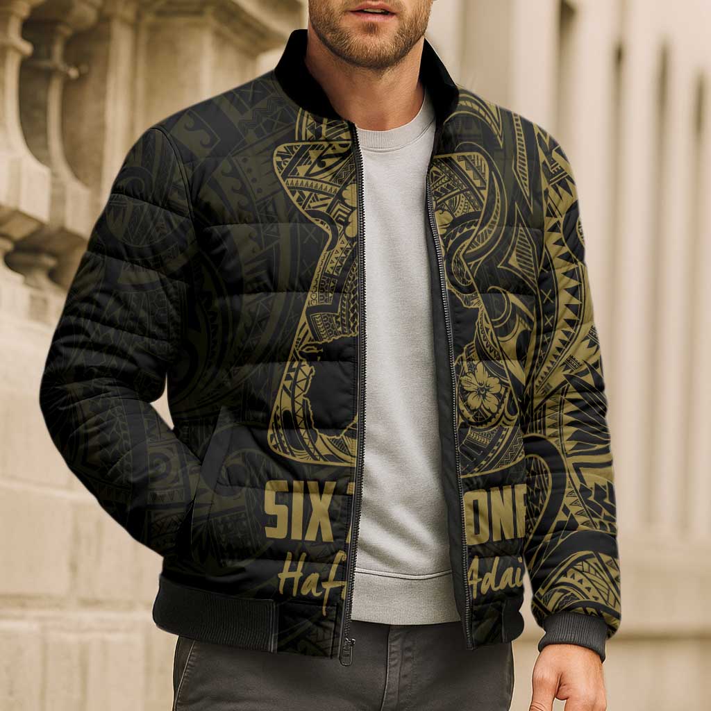 Gold Guam Latte Stone Tribal Tattoo Bomber Puffer Jacket Hafa Adai Six 7 One - Polynesian Pride