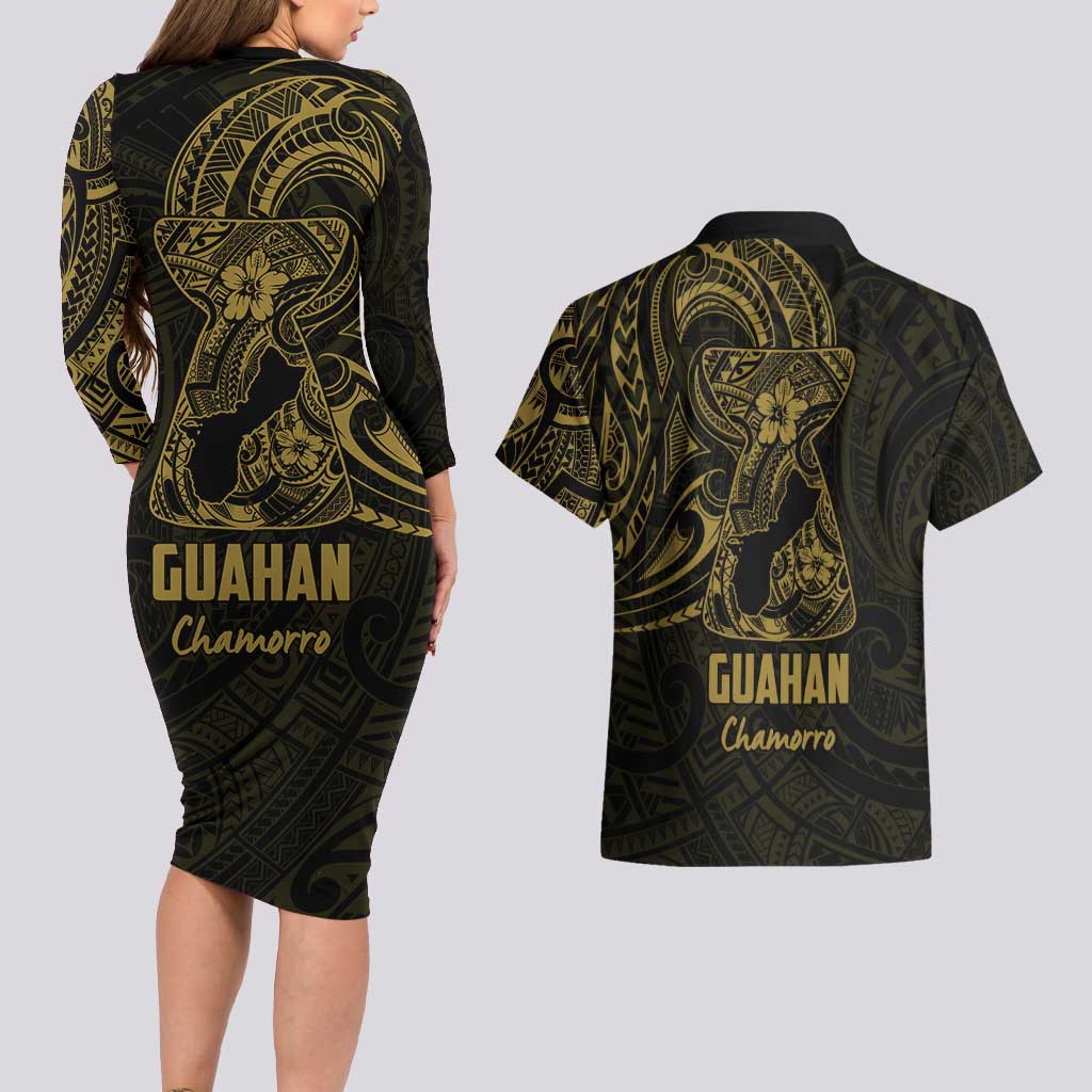 Gold Guam Latte Stone Tribal Tattoo Couples Matching Long Sleeve Bodycon Dress and Hawaiian Shirt Hafa Adai Six 7 One
