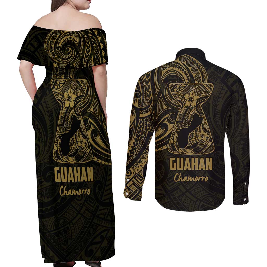 Gold Guam Latte Stone Tribal Tattoo Couples Matching Off Shoulder Maxi Dress and Long Sleeve Button Shirt Hafa Adai Six 7 One