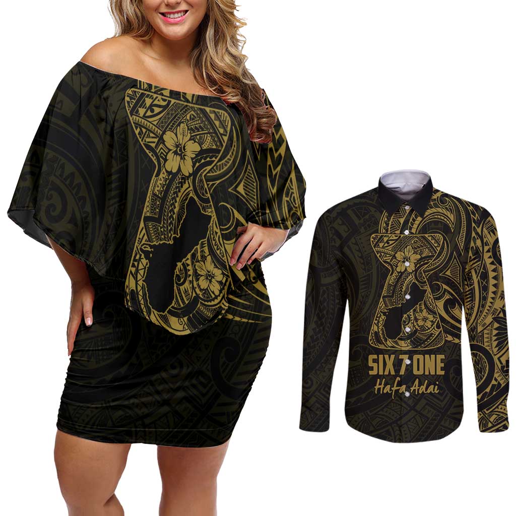 Gold Guam Latte Stone Tribal Tattoo Couples Matching Off Shoulder Short Dress and Long Sleeve Button Shirt Hafa Adai Six 7 One