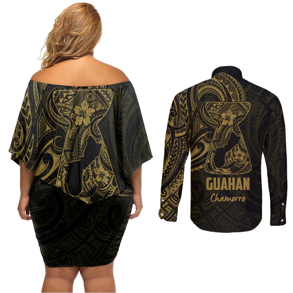 Gold Guam Latte Stone Tribal Tattoo Couples Matching Off Shoulder Short Dress and Long Sleeve Button Shirt Hafa Adai Six 7 One