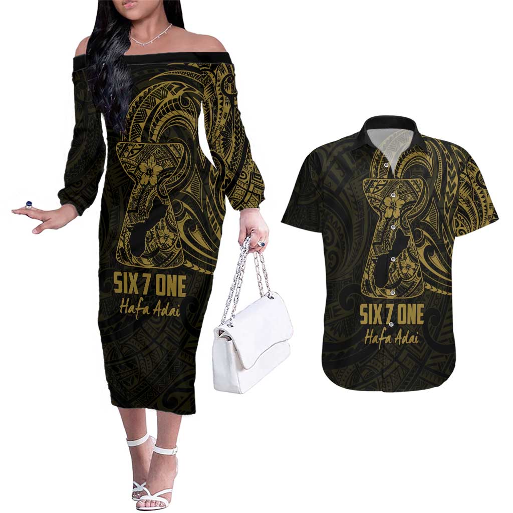 Gold Guam Latte Stone Tribal Tattoo Couples Matching Off The Shoulder Long Sleeve Dress and Hawaiian Shirt Hafa Adai Six 7 One