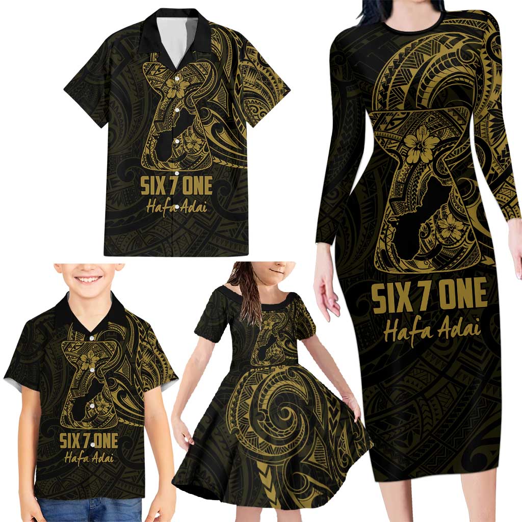 Gold Guam Latte Stone Tribal Tattoo Family Matching Long Sleeve Bodycon Dress and Hawaiian Shirt Hafa Adai Six 7 One