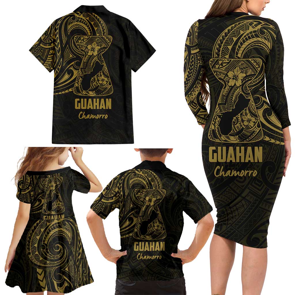 Gold Guam Latte Stone Tribal Tattoo Family Matching Long Sleeve Bodycon Dress and Hawaiian Shirt Hafa Adai Six 7 One