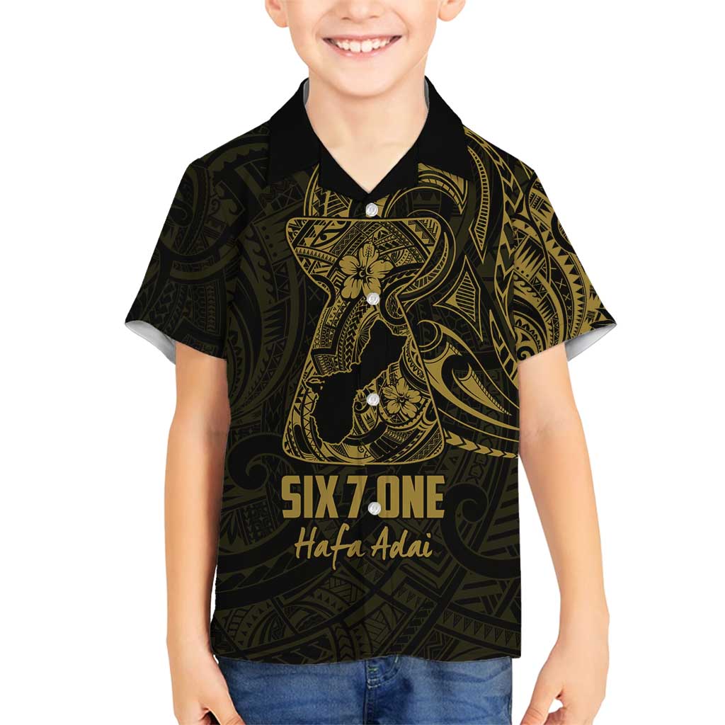 Gold Guam Latte Stone Tribal Tattoo Family Matching Off Shoulder Short Dress and Hawaiian Shirt Hafa Adai Six 7 One