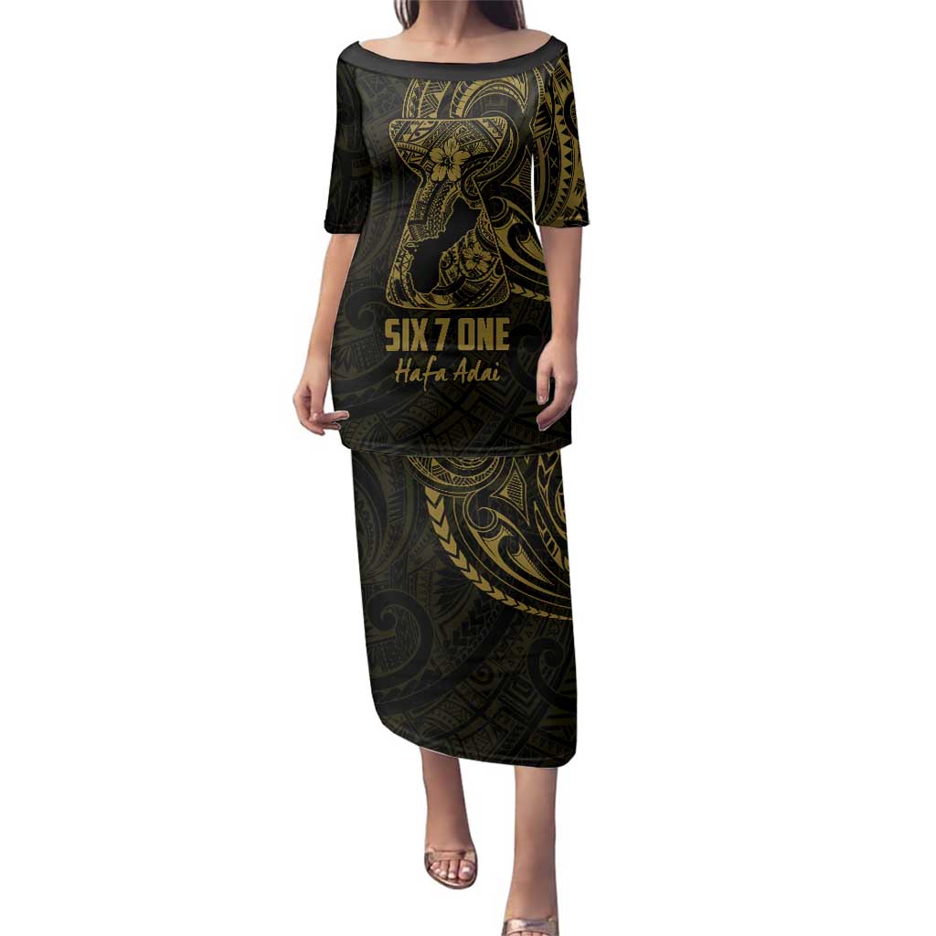 Gold Guam Latte Stone Tribal Tattoo Family Matching Puletasi and Hawaiian Shirt Hafa Adai Six 7 One