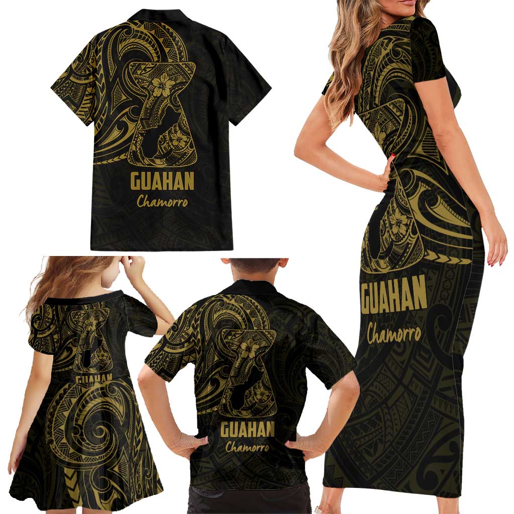 Gold Guam Latte Stone Tribal Tattoo Family Matching Short Sleeve Bodycon Dress and Hawaiian Shirt Hafa Adai Six 7 One