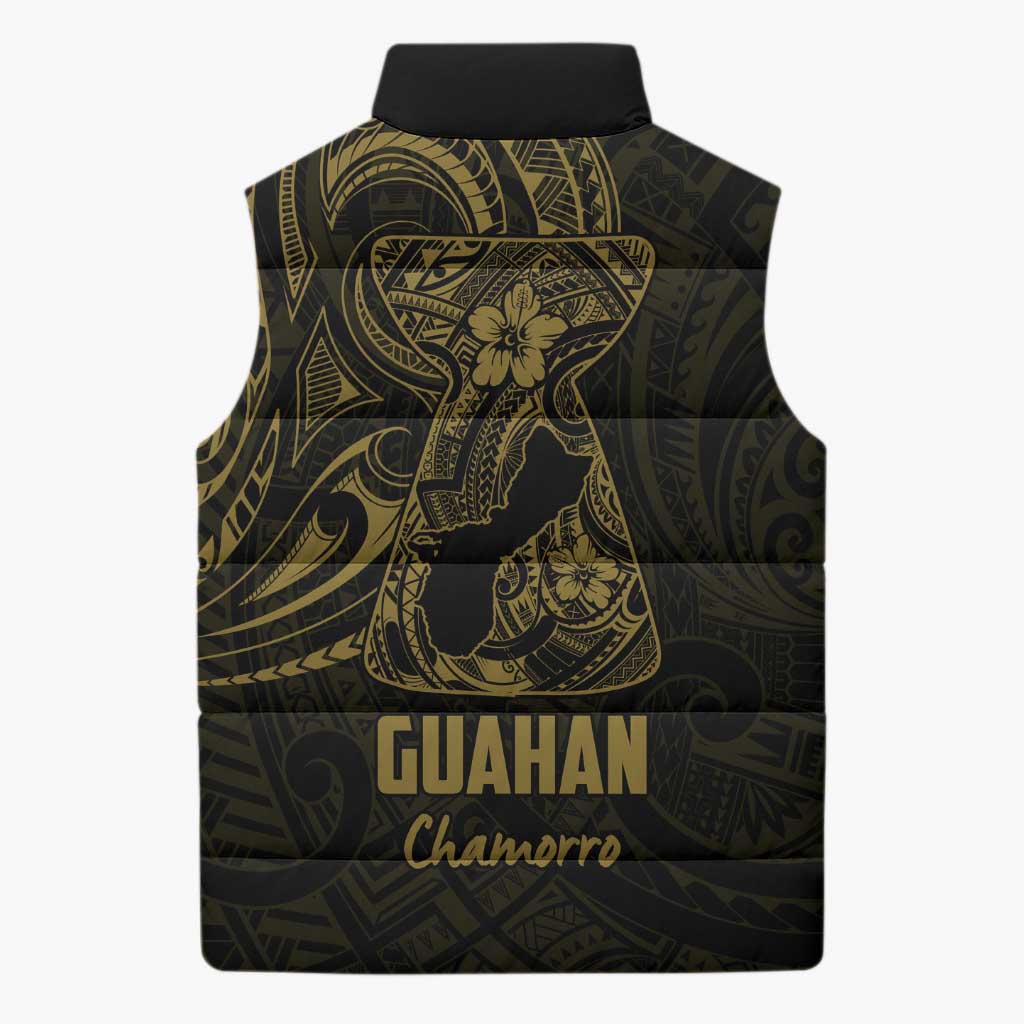 Gold Guam Latte Stone Tribal Tattoo Sleeveless Puffer Jacket Hafa Adai Six 7 One - Polynesian Pride