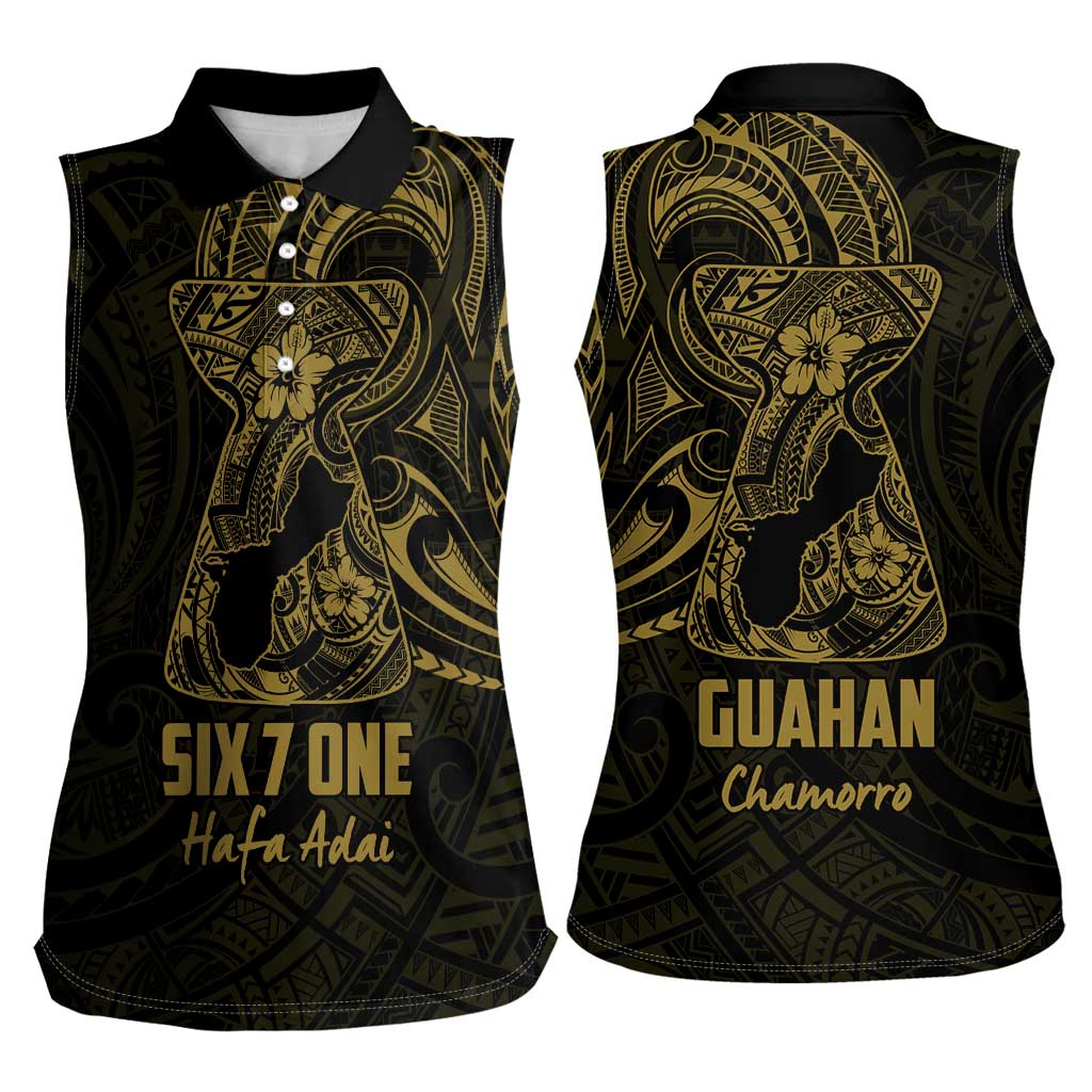 Gold Guam Latte Stone Tribal Tattoo Women Sleeveless Polo Shirt Hafa Adai Six 7 One