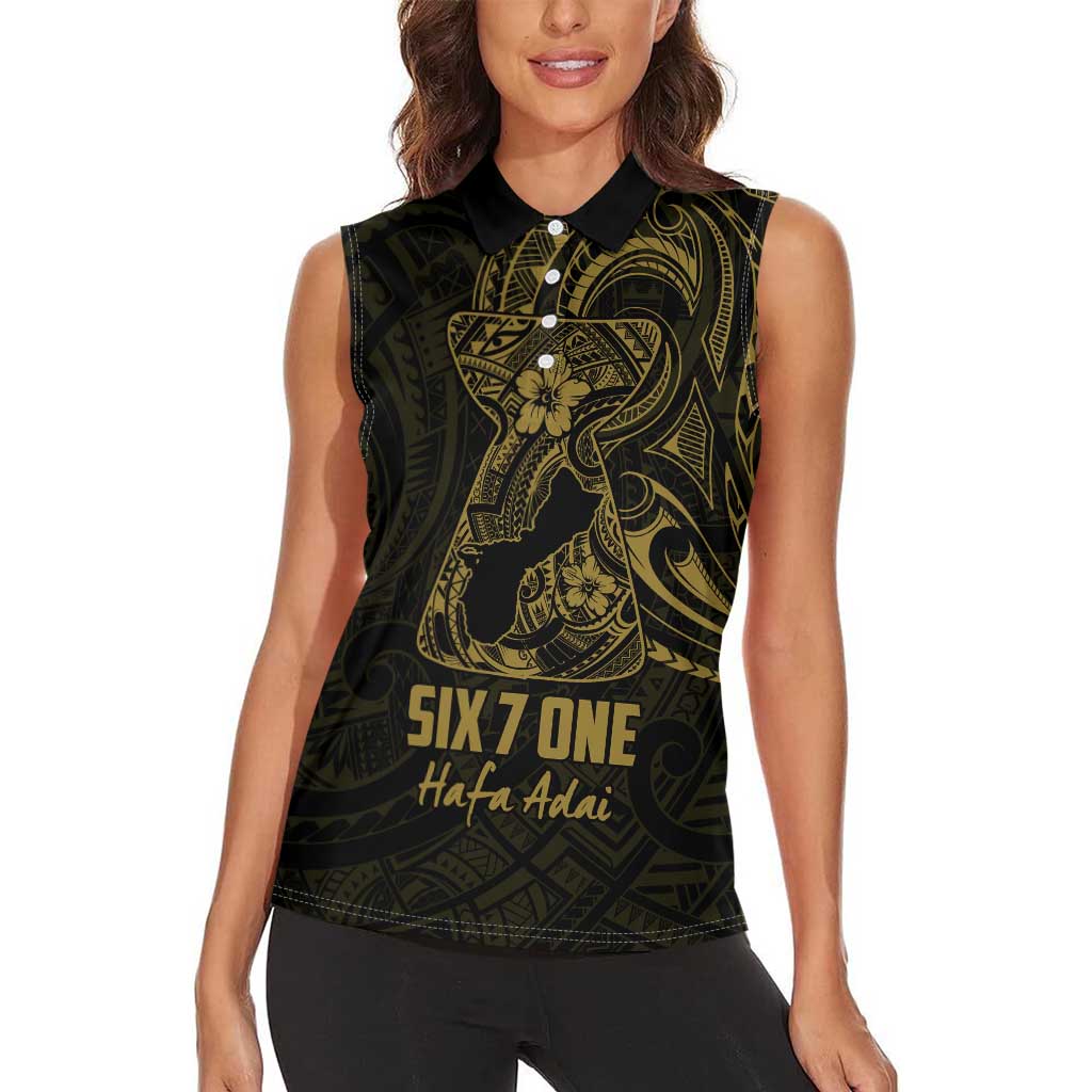 Gold Guam Latte Stone Tribal Tattoo Women Sleeveless Polo Shirt Hafa Adai Six 7 One