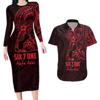 Oxblood Guam Latte Stone Tribal Tattoo Couples Matching Long Sleeve Bodycon Dress and Hawaiian Shirt Hafa Adai Six 7 One