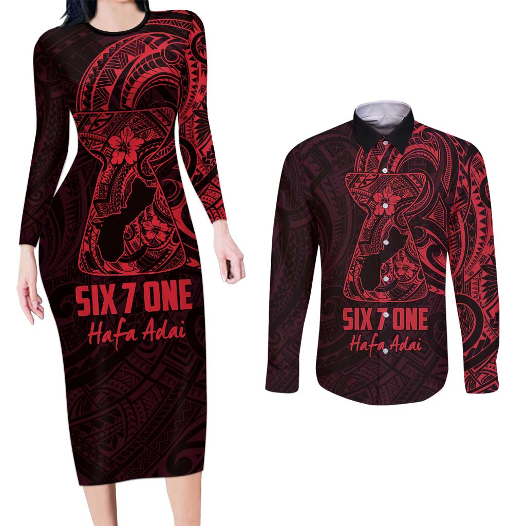 Oxblood Guam Latte Stone Tribal Tattoo Couples Matching Long Sleeve Bodycon Dress and Long Sleeve Button Shirt Hafa Adai Six 7 One