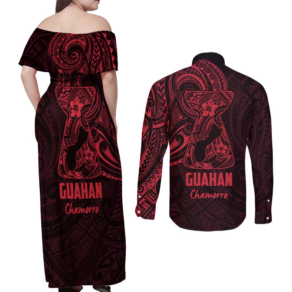 Oxblood Guam Latte Stone Tribal Tattoo Couples Matching Off Shoulder Maxi Dress and Long Sleeve Button Shirt Hafa Adai Six 7 One
