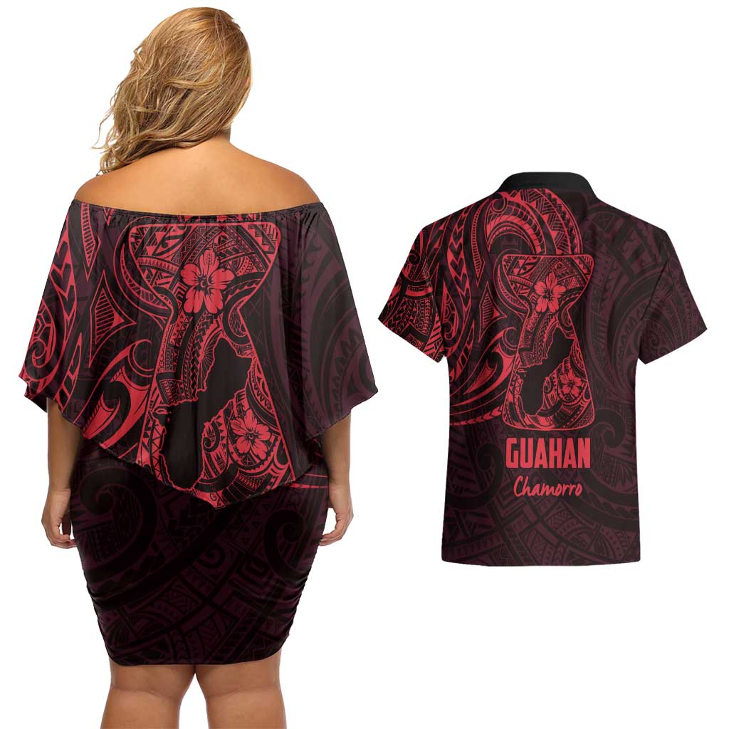 Oxblood Guam Latte Stone Tribal Tattoo Couples Matching Off Shoulder Short Dress and Hawaiian Shirt Hafa Adai Six 7 One