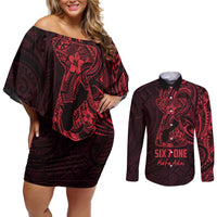 Oxblood Guam Latte Stone Tribal Tattoo Couples Matching Off Shoulder Short Dress and Long Sleeve Button Shirt Hafa Adai Six 7 One