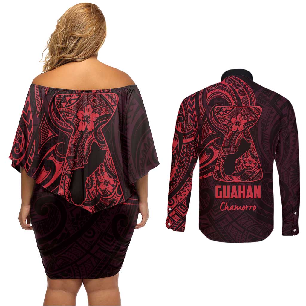 Oxblood Guam Latte Stone Tribal Tattoo Couples Matching Off Shoulder Short Dress and Long Sleeve Button Shirt Hafa Adai Six 7 One