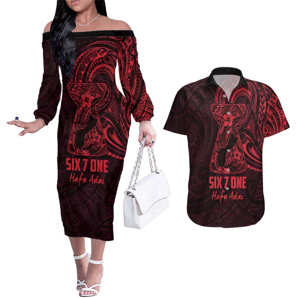 Oxblood Guam Latte Stone Tribal Tattoo Couples Matching Off The Shoulder Long Sleeve Dress and Hawaiian Shirt Hafa Adai Six 7 One