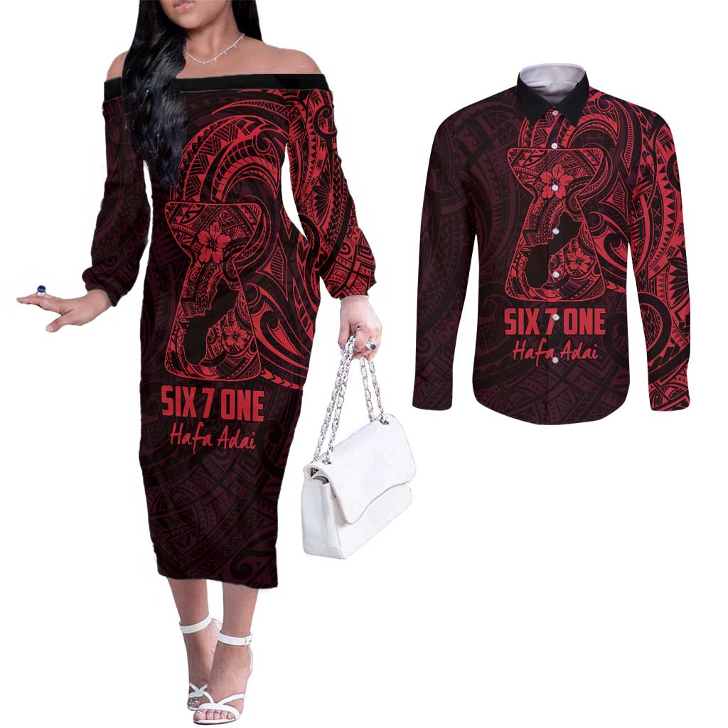 Oxblood Guam Latte Stone Tribal Tattoo Couples Matching Off The Shoulder Long Sleeve Dress and Long Sleeve Button Shirt Hafa Adai Six 7 One
