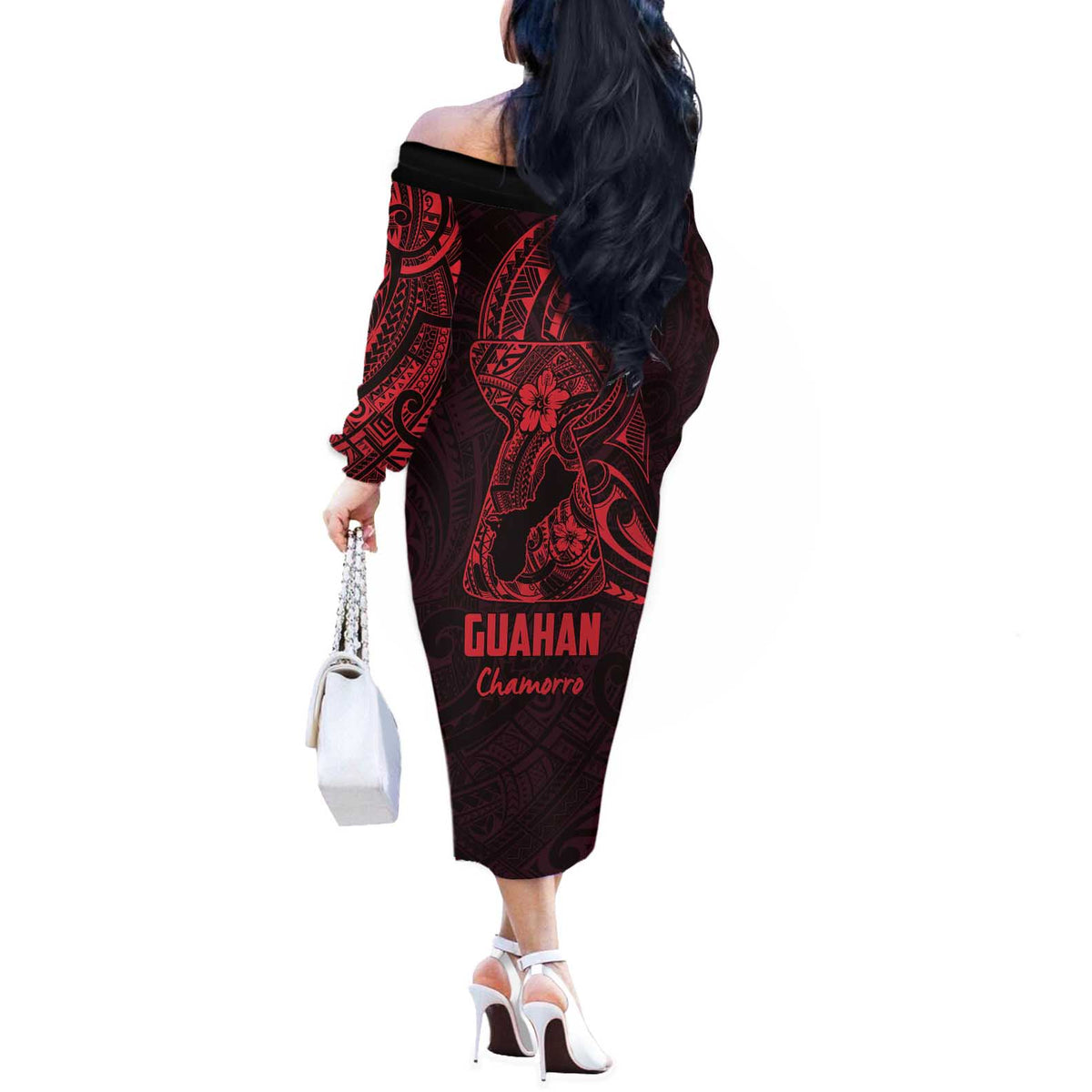 Oxblood Guam Latte Stone Tribal Tattoo Off The Shoulder Long Sleeve Dress Hafa Adai Six 7 One
