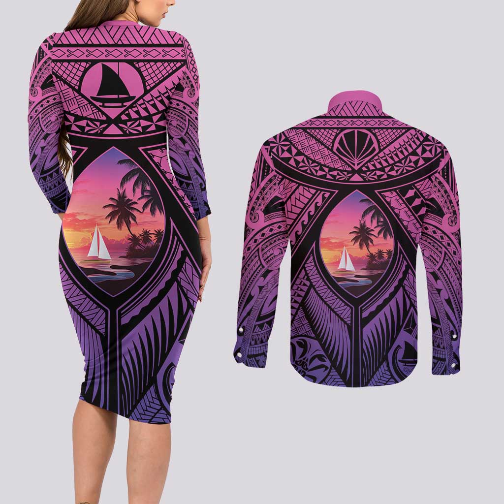 Guam Chamorro Artsy Couples Matching Long Sleeve Bodycon Dress and Long Sleeve Button Shirt Guahan Sunset Beach
