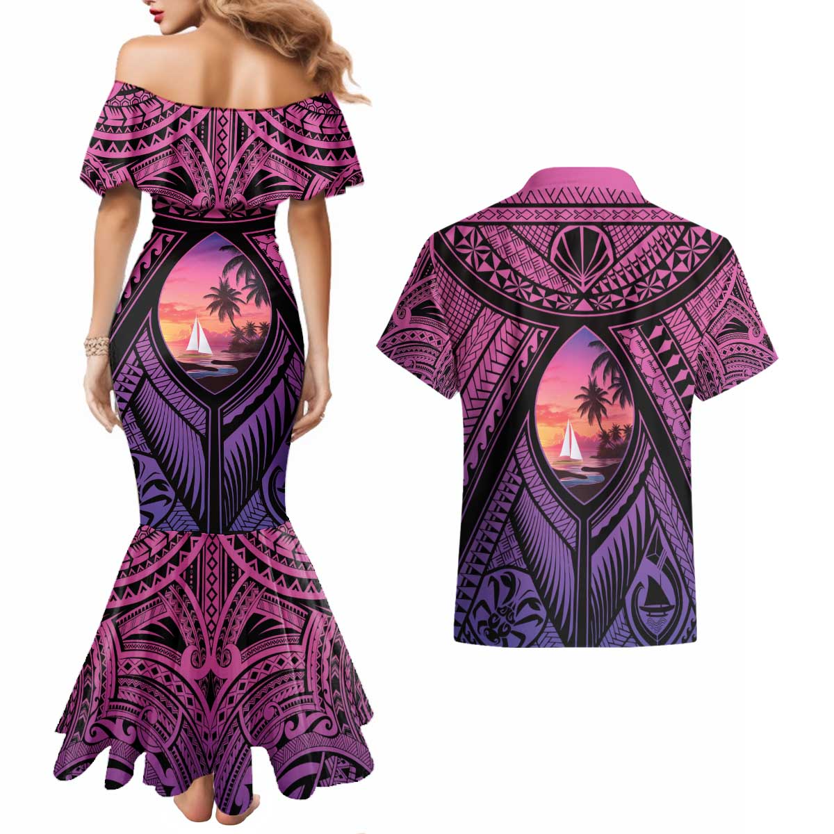 Guam Chamorro Artsy Couples Matching Mermaid Dress and Hawaiian Shirt Guahan Sunset Beach