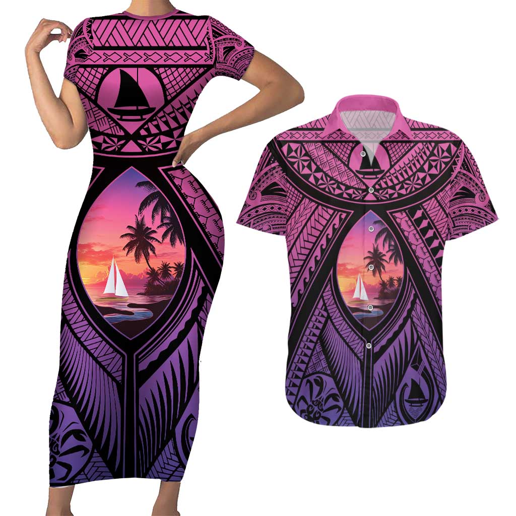 Guam Chamorro Artsy Couples Matching Short Sleeve Bodycon Dress and Hawaiian Shirt Guahan Sunset Beach