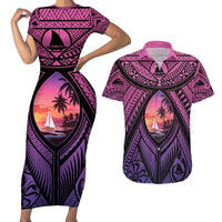 Guam Chamorro Artsy Couples Matching Short Sleeve Bodycon Dress and Hawaiian Shirt Guahan Sunset Beach