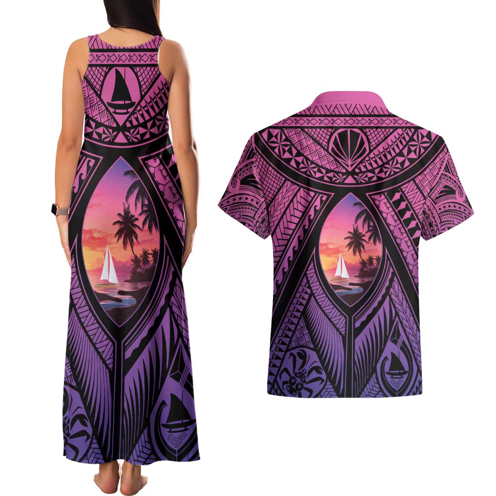 Guam Chamorro Artsy Couples Matching Tank Maxi Dress and Hawaiian Shirt Guahan Sunset Beach