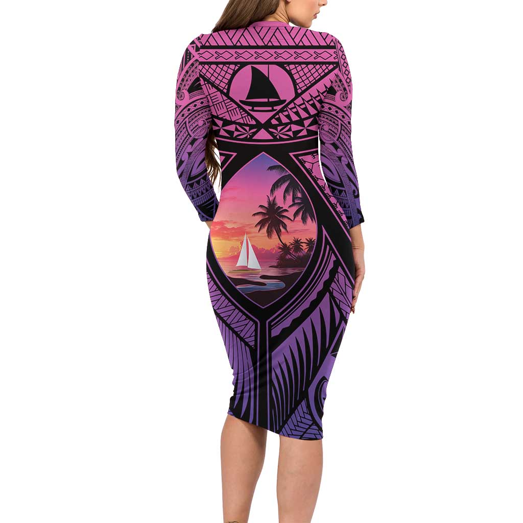 Guam Chamorro Artsy Family Matching Long Sleeve Bodycon Dress and Hawaiian Shirt Guahan Sunset Beach