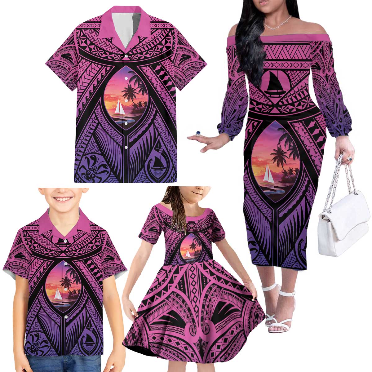 Guam Chamorro Artsy Family Matching Off The Shoulder Long Sleeve Dress and Hawaiian Shirt Guahan Sunset Beach