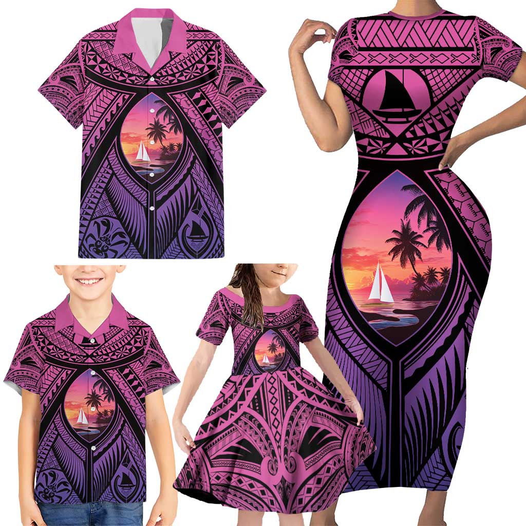 Guam Chamorro Artsy Family Matching Short Sleeve Bodycon Dress and Hawaiian Shirt Guahan Sunset Beach