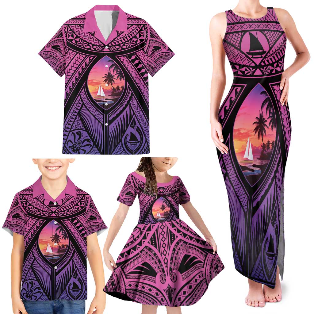 Guam Chamorro Artsy Family Matching Tank Maxi Dress and Hawaiian Shirt Guahan Sunset Beach