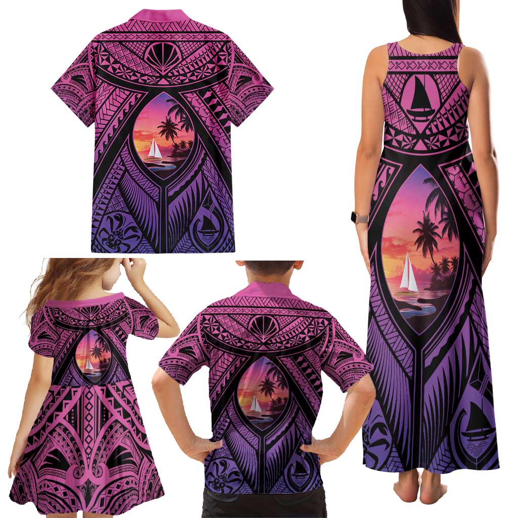 Guam Chamorro Artsy Family Matching Tank Maxi Dress and Hawaiian Shirt Guahan Sunset Beach