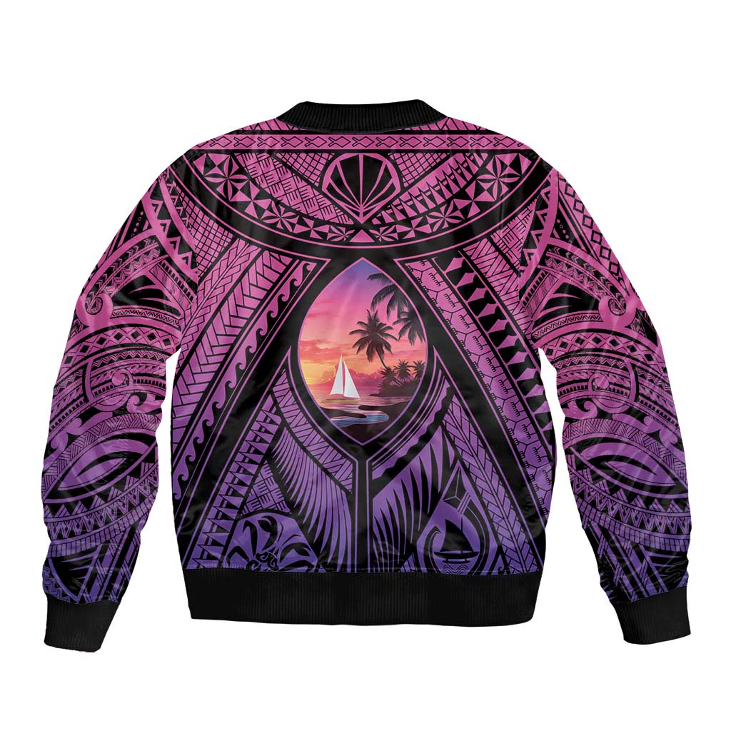 Guam Chamorro Artsy Sleeve Zip Bomber Jacket Guahan Sunset Beach