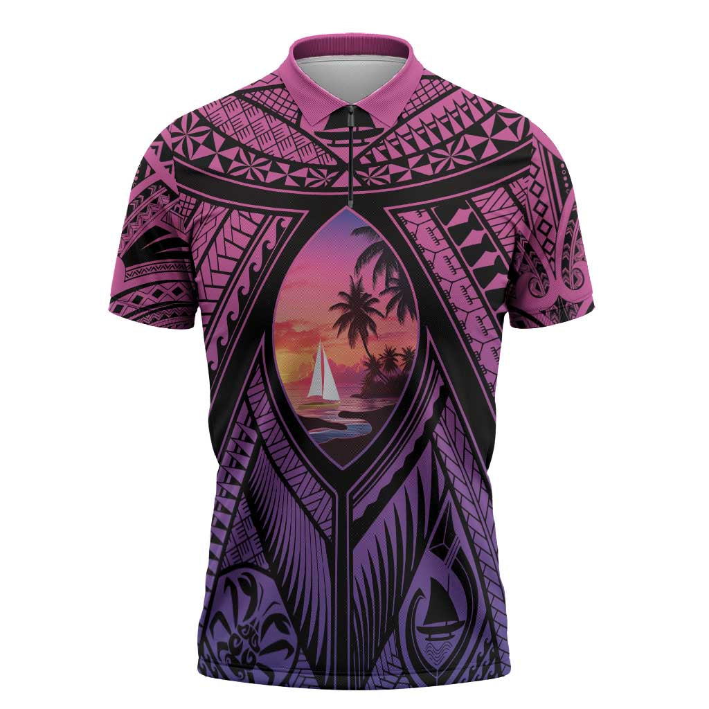 Guam Chamorro Artsy Zipper Polo Shirt Guahan Sunset Beach - Polynesian Pride